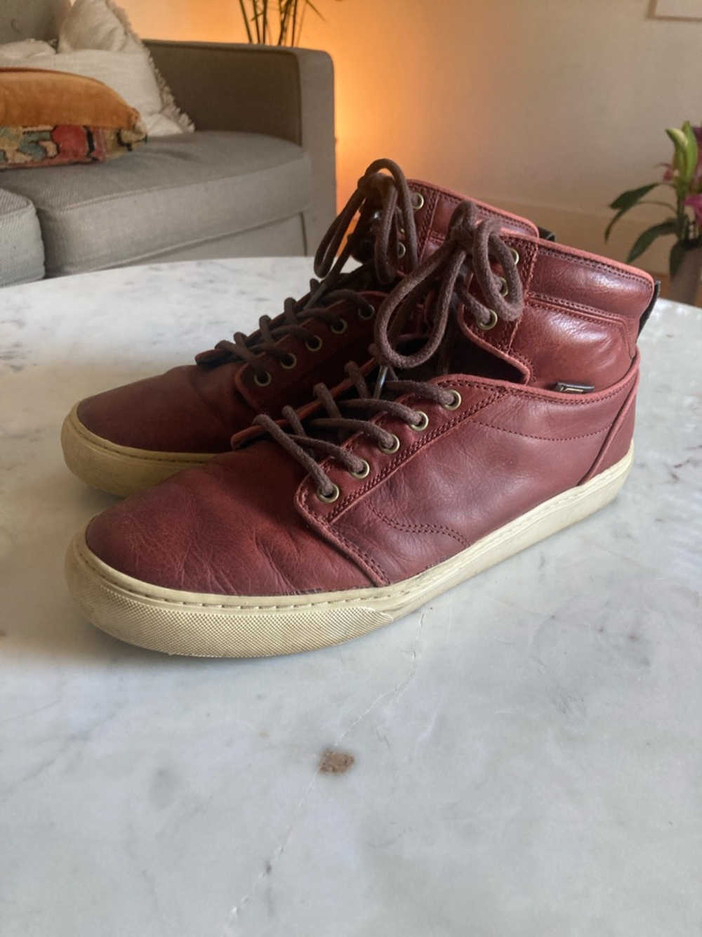 Vans Men's High-Top Leather Sneakers in Burgundy with Cream Sole